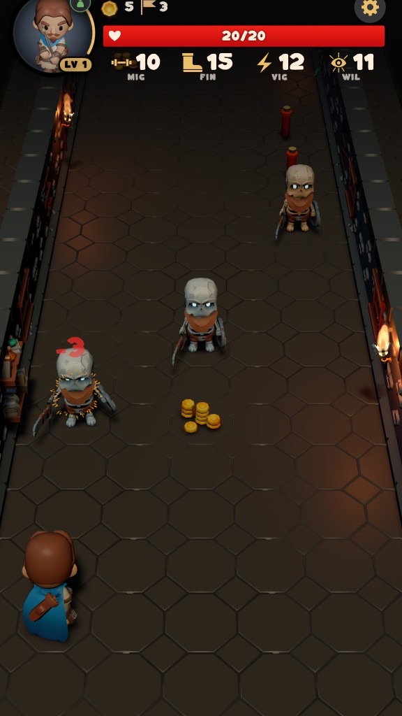 Rogue fighting skeletons in a torchlit dungeon corridor